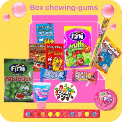 Box de chewing gums contenant acido gumetro, 1 mammouth pop, des frizzy pazzy, 1 roll up, 1 bubble gum, des chewing gums à la pastèque, des chewing gums macédoine, des boules magiques...