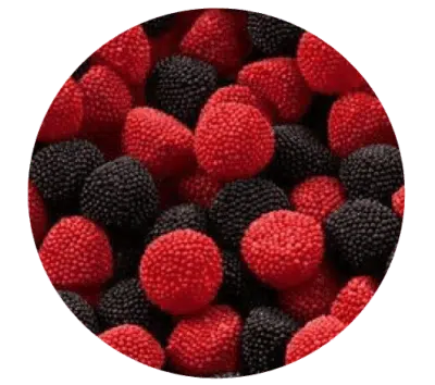Mures perlées rouges et noires. Bonbon gélatineux avec un bon goût de fruits et des petites billes de perlage bien croquantes.