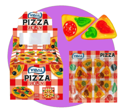 bonbon gélifié en forme de pizza. Contient 8 parts