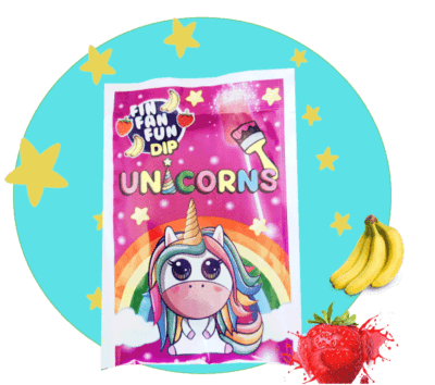 sucette licorne avec sa poudre fraise banane