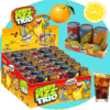 Pack de 3 mini canettes contenant des petits bonbons pétillants parfum cola, citron, orange.