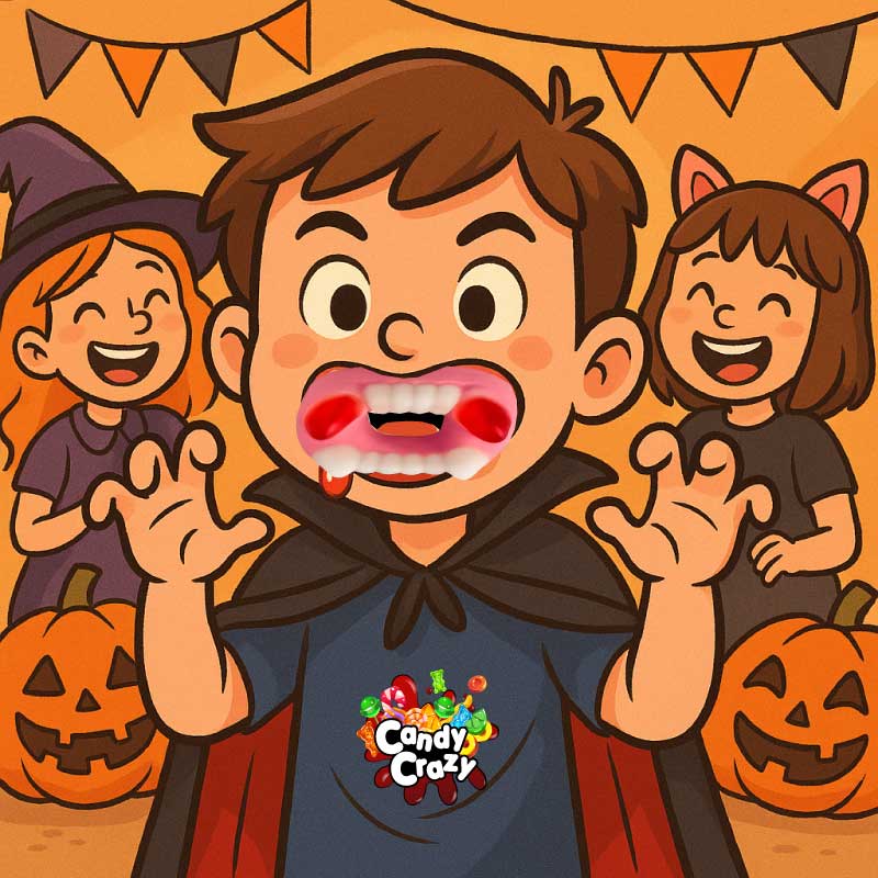 Enfant déguisé en vampire portant des dents de bonbons gélifiés, ses amis rigolent — bonbons pour Halloween