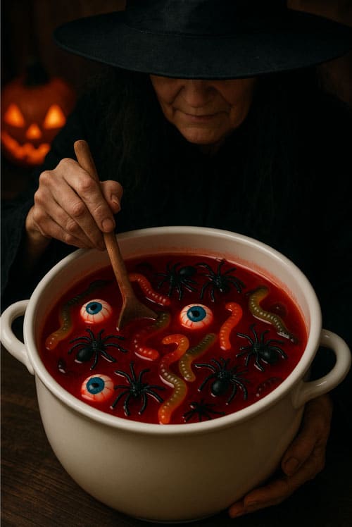 Soupière de l'horreur remplie de bonbons pour Halloween avec une sorcière