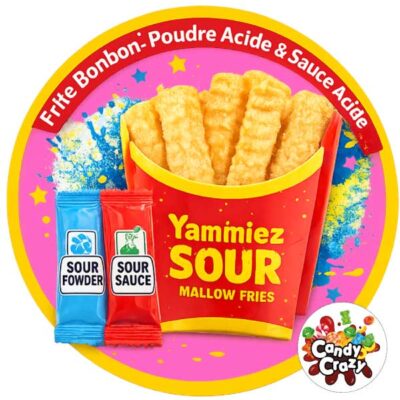 frites chamallows bonbons avec poudre et sauce acide